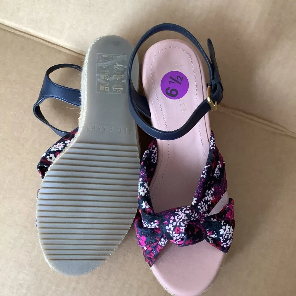TED BAKER SHOES TAYLINA‎ FLORAL ESPADRILLE WEDGE SANDAL IN NAVY NWOT sz 6 1/2